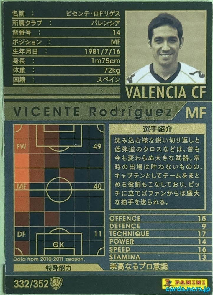 Panini WCCF Football WCCF/2010-2011-332/352 N Vicente Rodríguez Guillén Trading Card EX