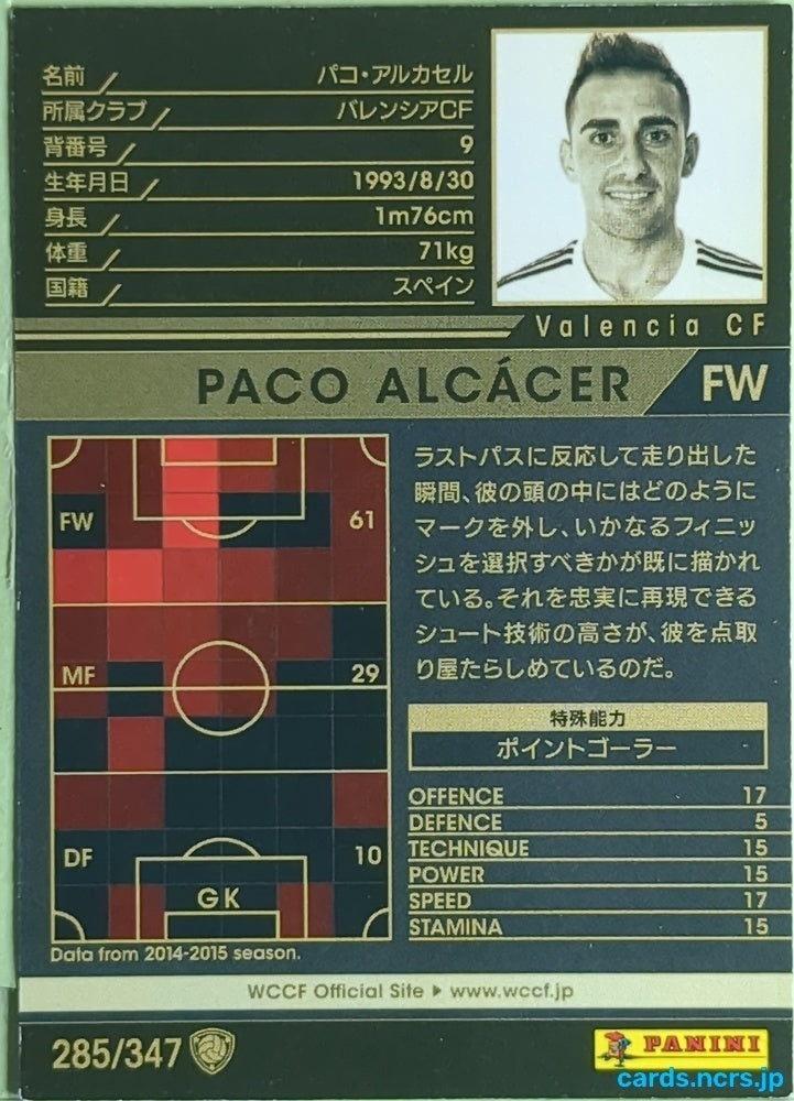 Panini WCCF Football WCCF/2015-2016-285/347 N Paco ALCÁCER Trading Card EX