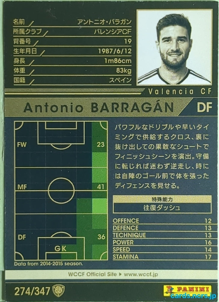 Panini WCCF Football WCCF/2014-2015-274/347 N Antonio BARRAGAN Trading Card EX