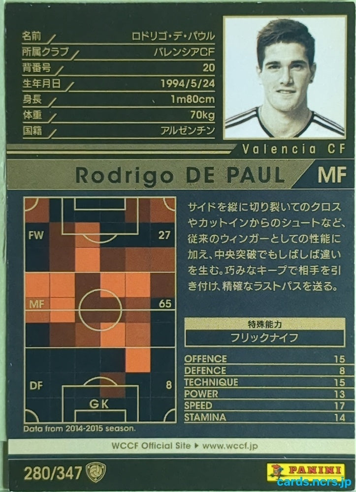 Panini WCCF Football WCCF/2015-2016-280/347 N Rodrigo DE PAUL Trading Card EX