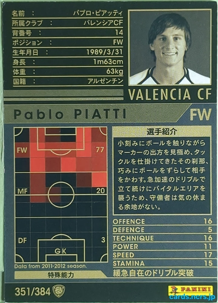 Panini WCCF Football WCCF/2011-2012-351/384 N Pablo Piatti Trading Card EX