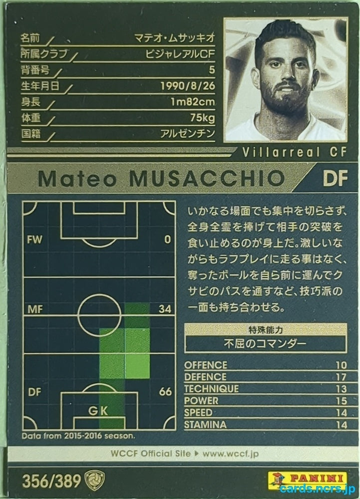 Panini WCCF Football WCCF/2015-2016-356/389 N Mateo MUSACCHIO Trading Card EX
