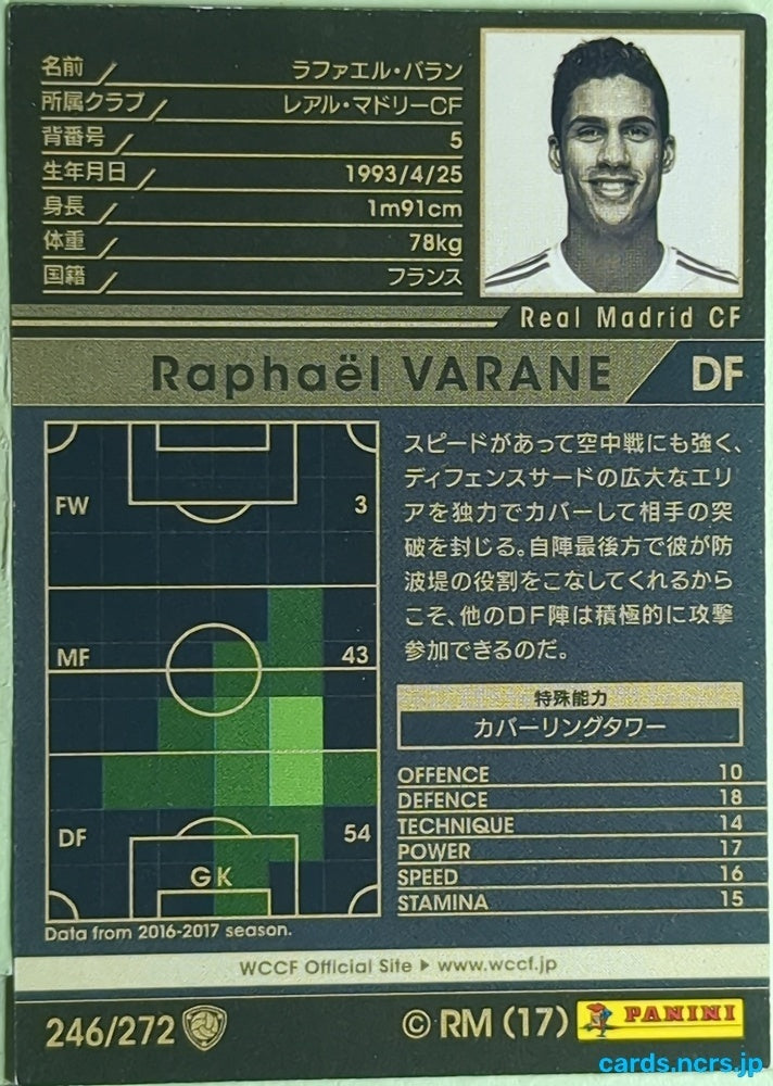 Panini WCCF Football WCCF/2017-2018-246/272 N Raphaël VARANE Trading Card EX