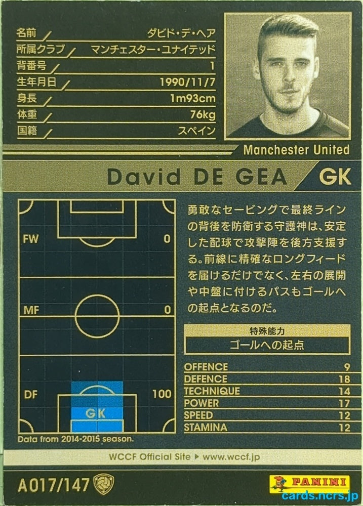 Panini WCCF Football WCCF/2014-2015-A017/147 N David de Gea Trading Card EX