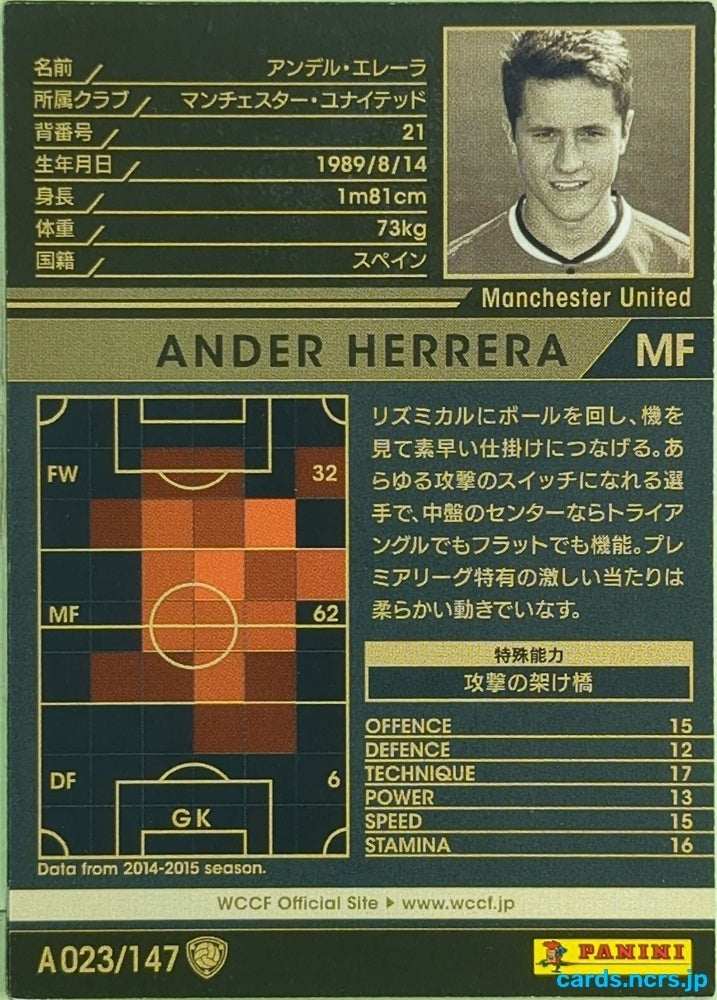 Panini WCCF Football WCCF/2014-2015-A023/147 N Ander Herrera Trading Card EX