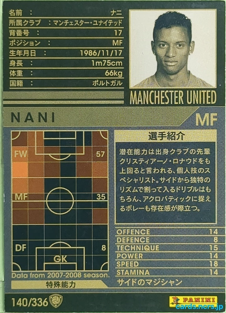Panini WCCF Football WCCF/2007-2008-140/336 N Nani Trading Card EX