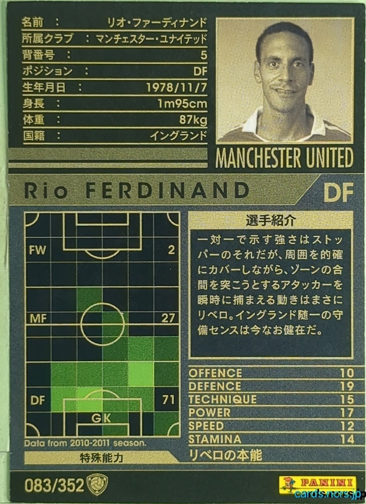 Panini WCCF Football WCCF/2010-2011-083/352 N Rio Ferdinand Trading Card EX