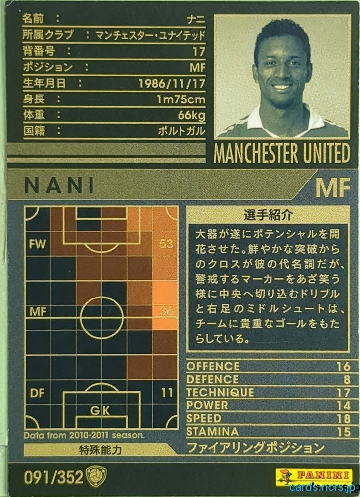 Panini WCCF Football WCCF/2010-2011-091/352 N Nani Trading Card EX