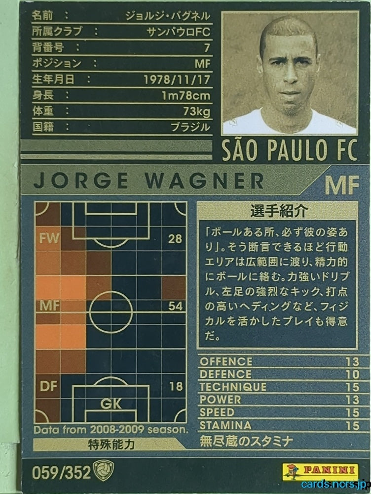 Panini WCCF Football WCCF/2008-2009-059/352 N Jorge Wagner Trading Card EX