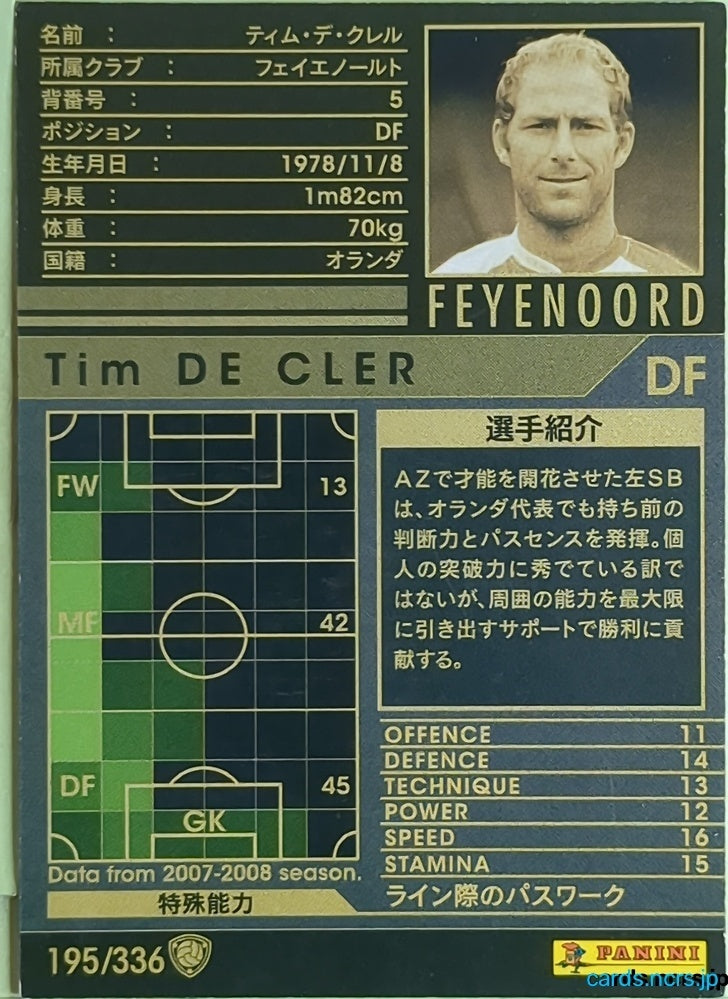 Panini WCCF Football WCCF/2007-2008-195/336 N Tim DE CLER Trading Card EX