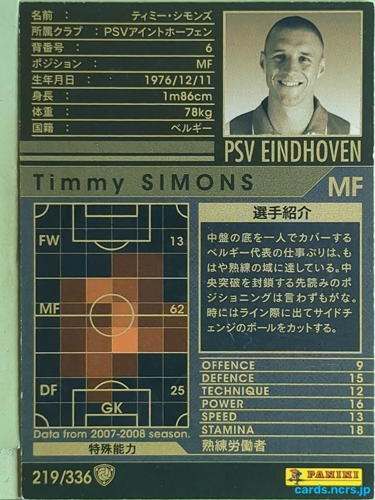 Panini WCCF Football WCCF/2007-2008-219/336 N Timmy Simons Trading Card EX