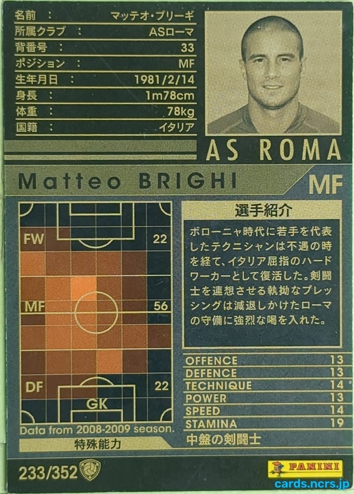 Panini WCCF Football WCCF/2008-2009-233/352 N Matteo Brighi Trading Card EX
