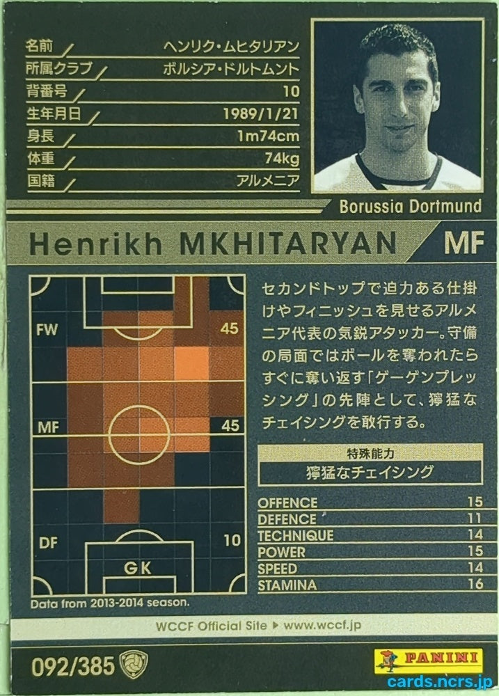 Panini WCCF Football WCCF/2013-2014-092/385 N Henrikh Mkhitaryan Trading Card EX
