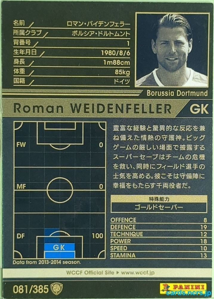 Panini WCCF Football WCCF/2013-2014-081/385 N Roman Weidenfeller Trading Card EX