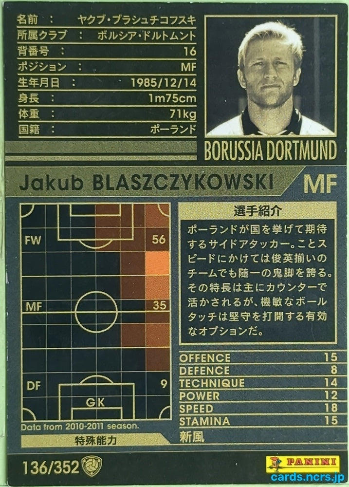 Panini WCCF Football WCCF/2010-2011-136/352 N Jakub BLASZCZYKOWSKI Trading Card EX
