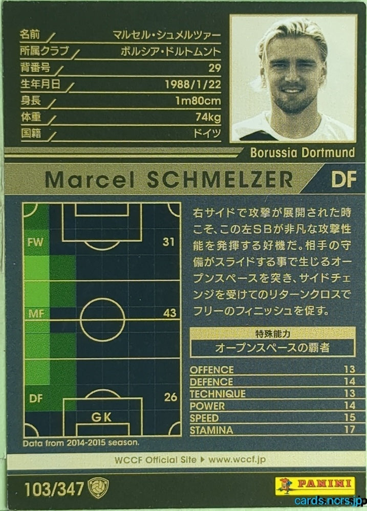 Panini WCCF Football WCCF/2015-2016-103/347 N Marcel Schmelzer Trading Card EX