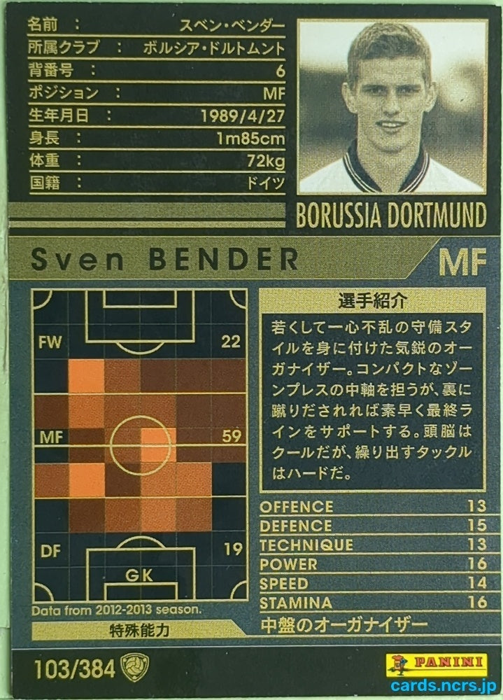 Panini WCCF Football WCCF/2012-2013-103/384 N Sven Bender Trading Card EX