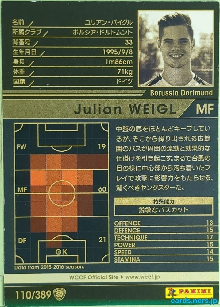 Panini WCCF Football WCCF/2016-2017-110/389 N Julian Weigl Trading Card EX